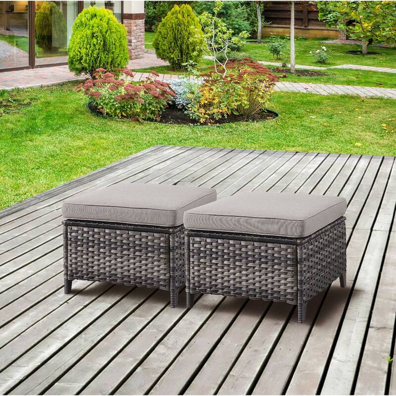 Gymojoy 2 Piece Outdoor Ottoman Wicker Patio Ottomans - Grey/Grey