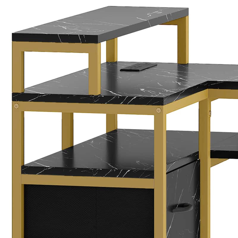Moasis L Shape Nail Desk with Built-in Charging Station and Marbling Texture Manicure Station