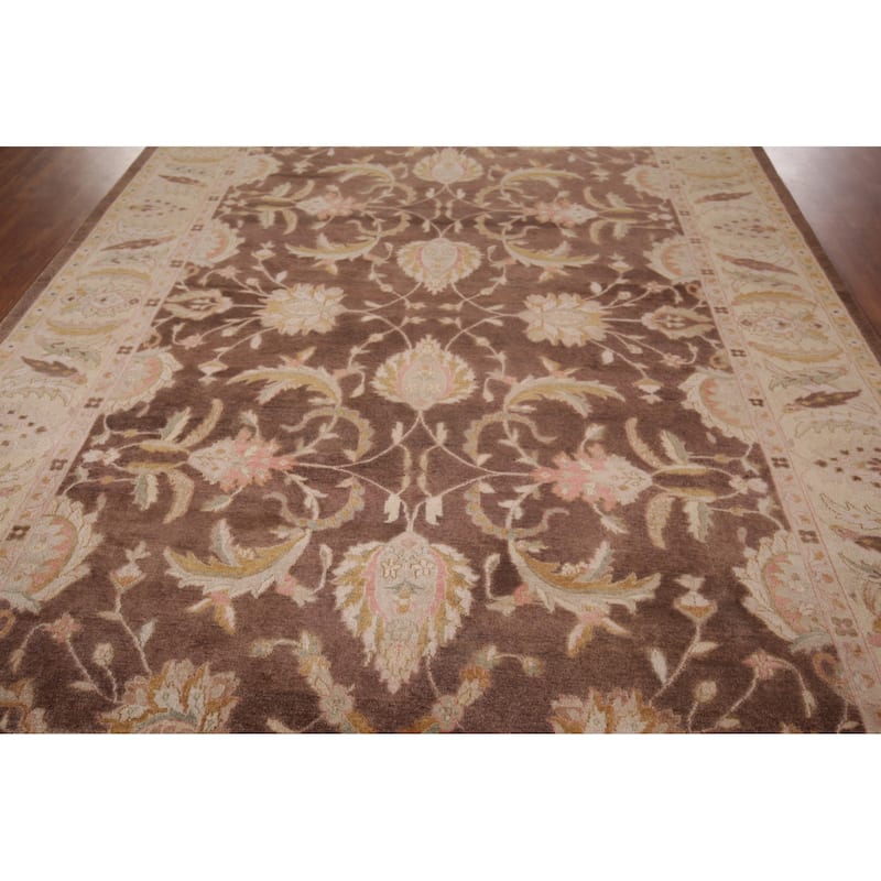 Brown Floral Chobi Peshawar Oriental Area Rug Hand-Knotted Wool Carpet - 8'11" X 11'11"