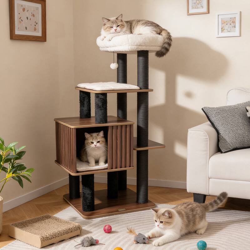 Gymax 53 5'' Tall Cat Tree for Indoor Cat Wooden Cat Tower Top Perch
