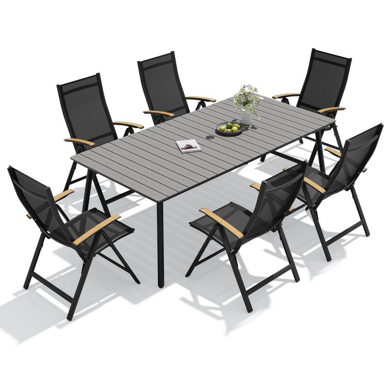 7-Piece Outdoor Patio Dining Set WPC Table Top Alumium Umbrella Hole Table with Folding Teak Armrest Chairs - Grey