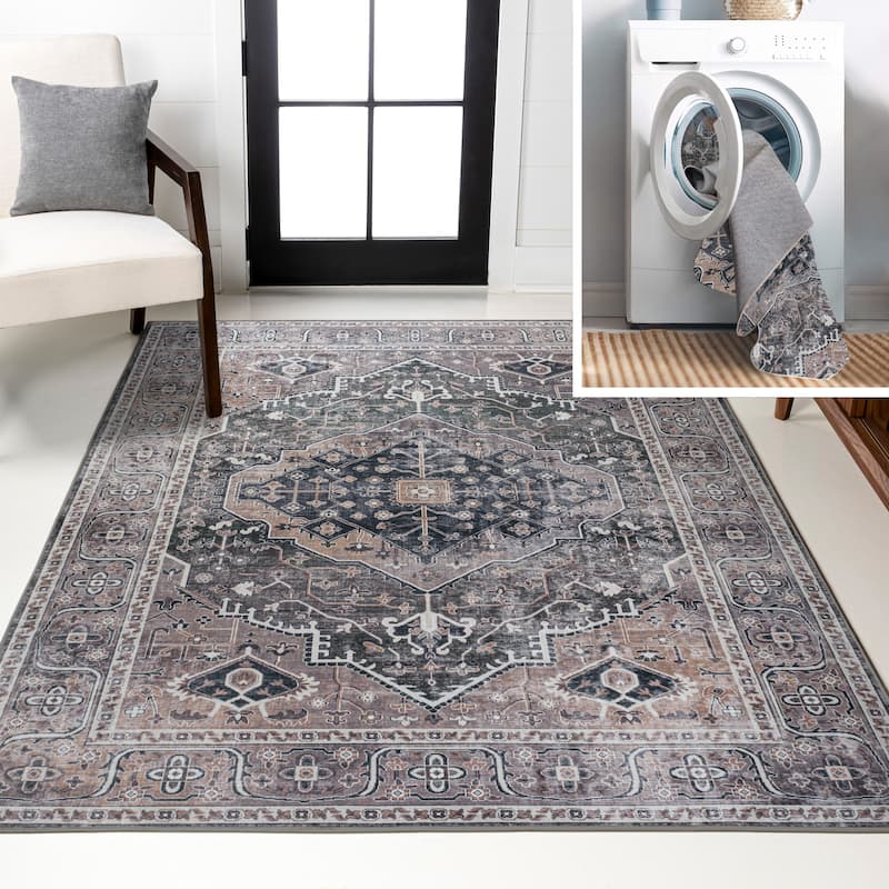 JONATHAN Y Kemer Ogee Medallion Machine Washable Area Rug - 8 X 10 - Dark Green/Dark Beige