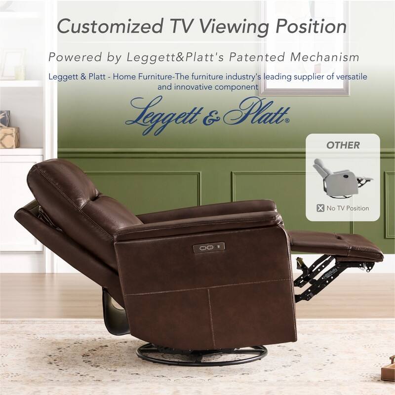 Spruce & Spring Genuine Leather Swivel Glider Recliner with Adjustable Headrest