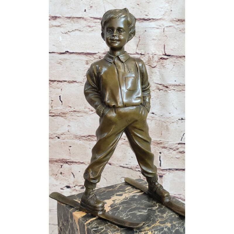 Little Boy On Skis Skiing Bronze Sculpture Statue Decor Art Figure On Marble Base