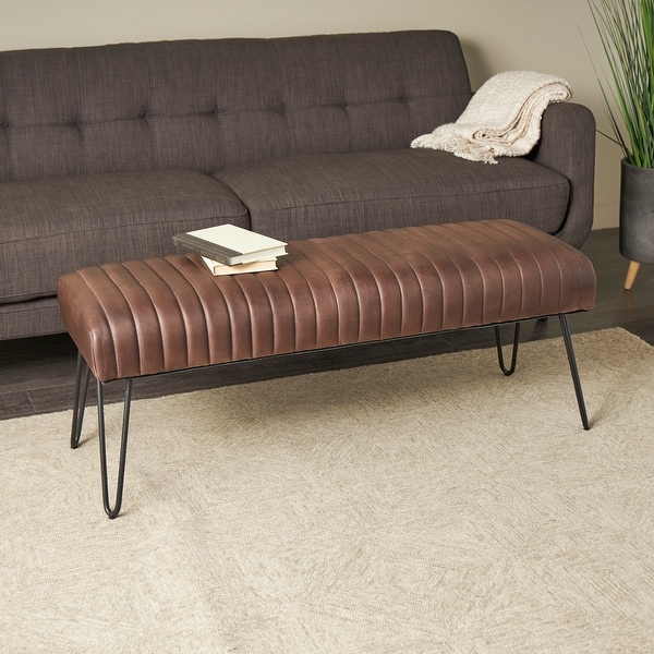 Brown leather tufted bench sale