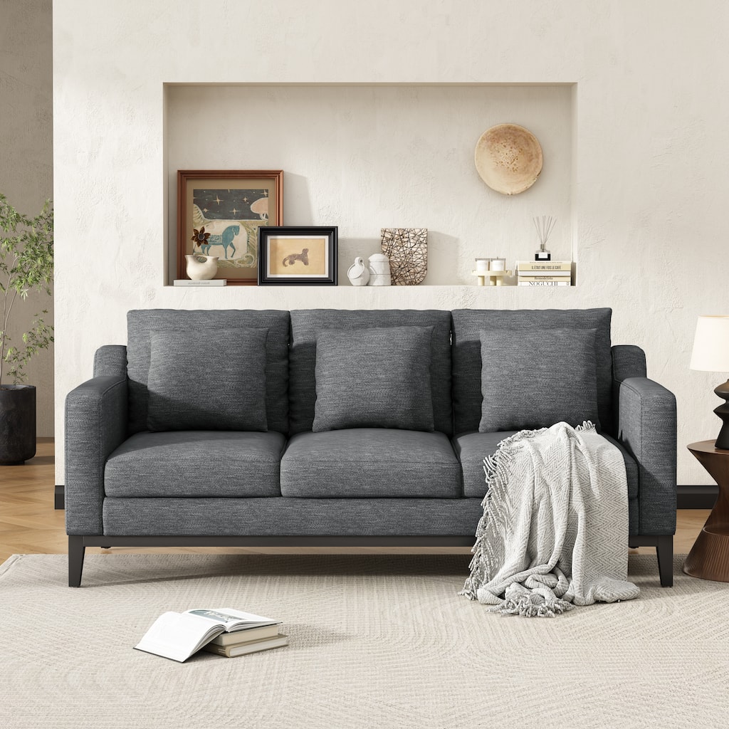 3 Seat Fabric Sofa, Couch Upholstered Leisure Couches with Deep Seats, Modern Square Arms Sofa with Wooden Legs