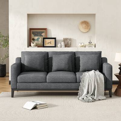 3-seat Sofa with Wooden Legs, Charcoal Polyester, for Living Room and Study
