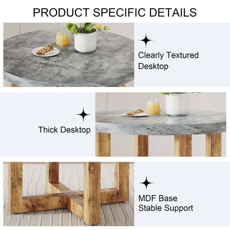 A modern and practical circular dining table. Made of MDF tabletop and wooden MDF table legs