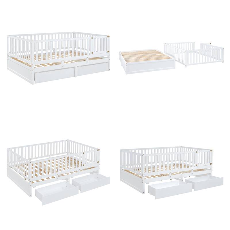 Full Size Wood Daybed with Fence Guardrails and 2 Drawers