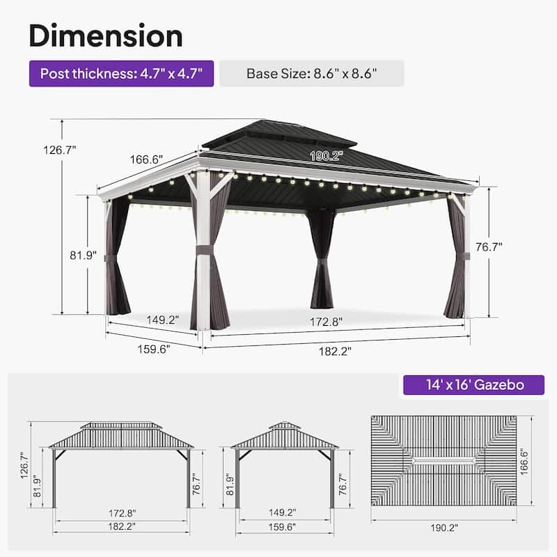 PURPLE LEAF Patio Hardtop Gazebo Pro for Outdoor Grey Galvanized Steel Double Roof White Aluminum Poles