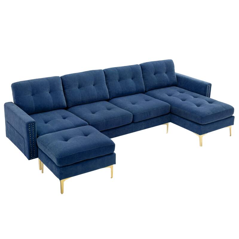 L Shaped Convertible Sectional Sofa with Ottoman, Velvet Fabric 5 Seater Sofa, Upholstered Sofa with Chaise & Storage Pockets