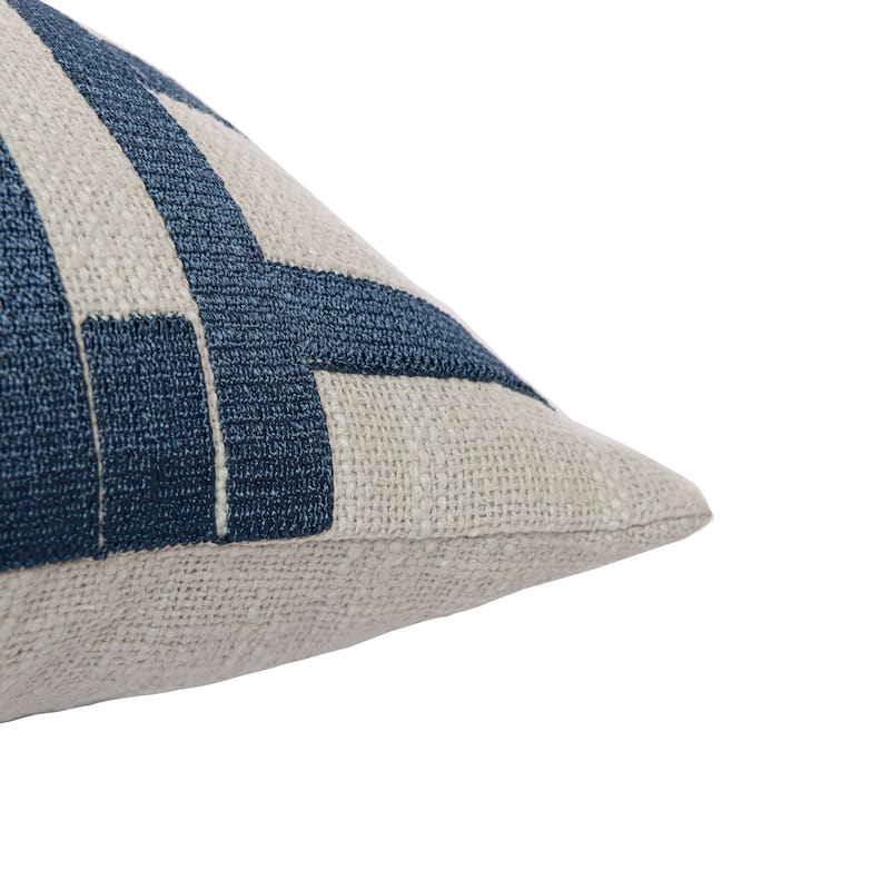 HomeRoots 20" Blue and Ivory Geometric Cotton Blend Throw Pillow With Embroidery