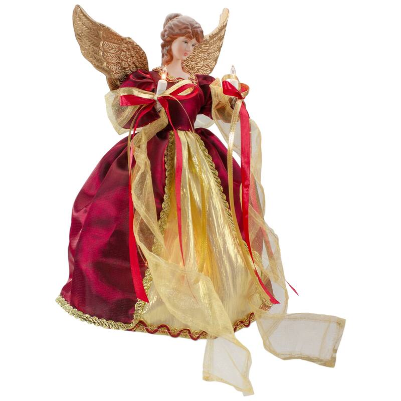 13.5" Lighted Red and Gold Angel with Wings Christmas Tree Topper - Clear Lights - 13.5
