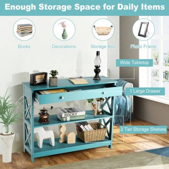 Console Table 3-Tier with Drawer and Storage Shelves - 39''x 12''x 31''(L x W x H)