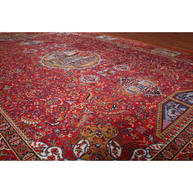 Pictorial Medallion Red Kashan Turkish Area Rug Machine Made Carpet - 9'8" x 12'5"