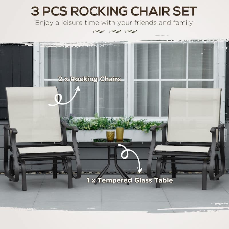 Outsunny 3-Piece Outdoor Gliders Set Bistro Set with Steel Frame,Tempered Glass Top Table for Patio, Garden, Backyard, Lawn