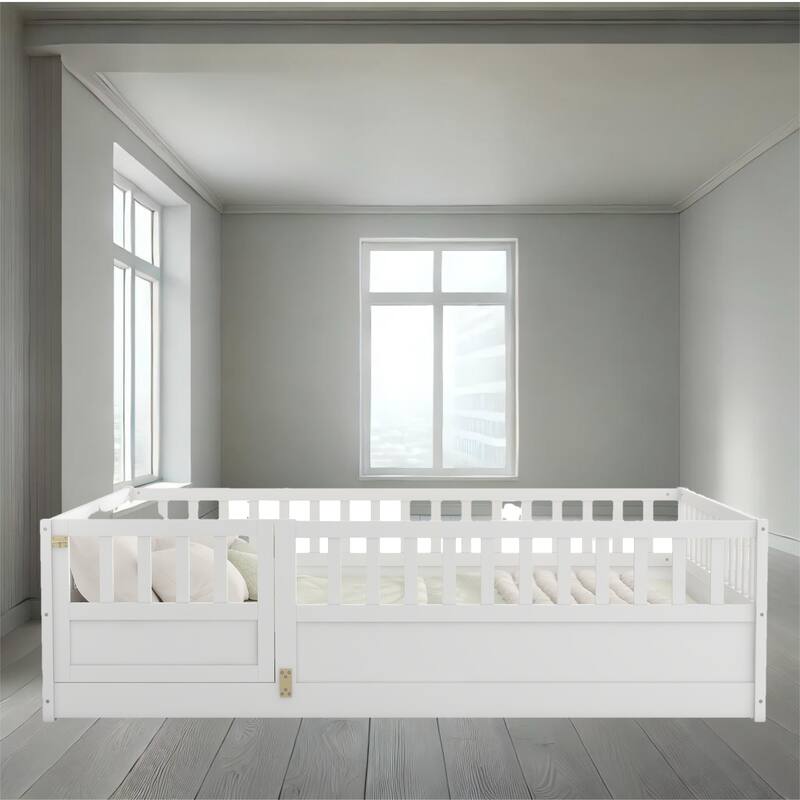 Durable Twin/Full Size Floor Bed with High Fence and Clockwise-Opening Door, Safe and Fun for Children - White - Full