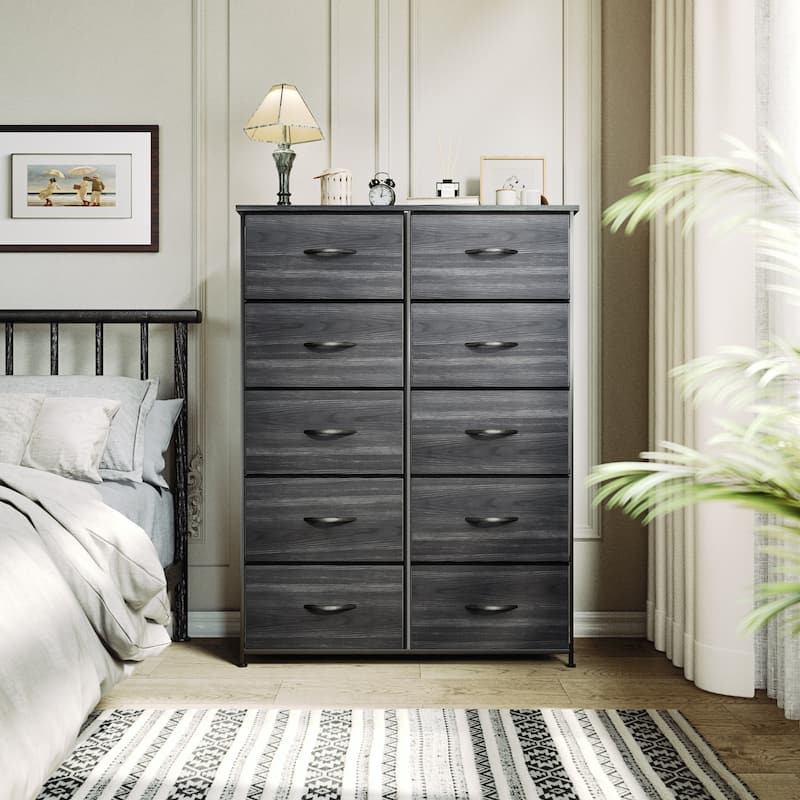 Modern 4/8/10-drawer Bedroom Fabric Dresser Storage Tower with Wood Top - Black Wood - 10-drawer