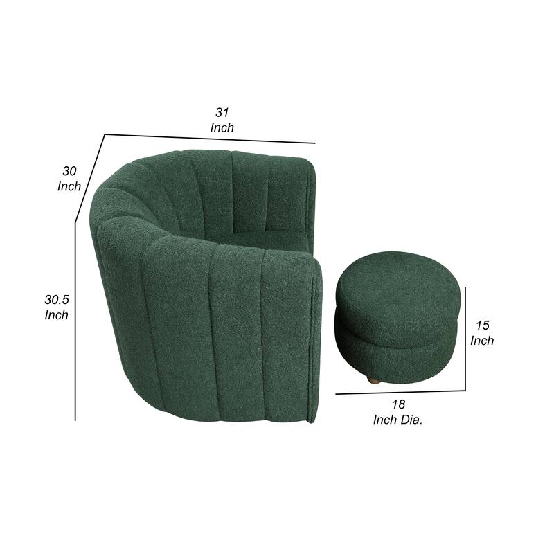 Noa Swivel Chair and Ottoman, Channel Tufted Curved, Sea Green Boucle