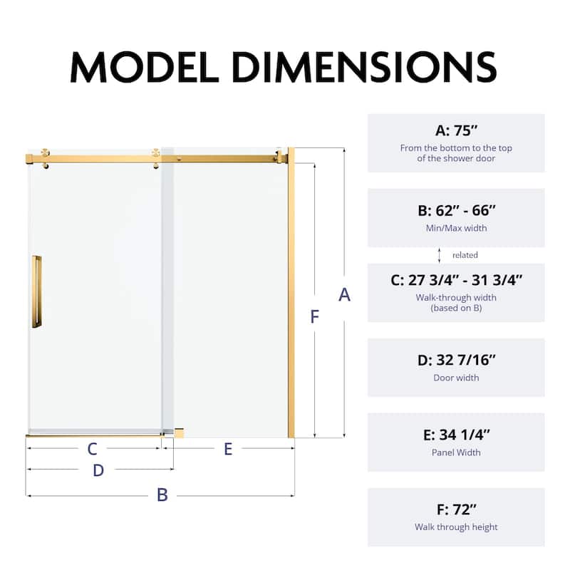 Glassic SI Series 62" - 66" W x 75" H Contemporary Frameless Single Sliding Shower Doors With 3/8" Clear Tempered Glass