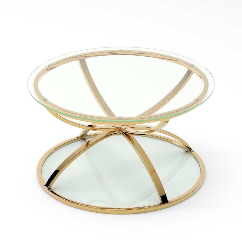 31.50"Modern Glass Coffee Table with 2 Tiers, Ring-Shaped Frames, Chrome Finish and Gray Tempered Glass, Round Coffee Table