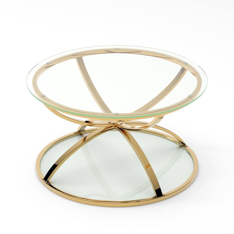 Modern 2 Tiers Glass Coffee Table with Ring-Shaped Metal Frames