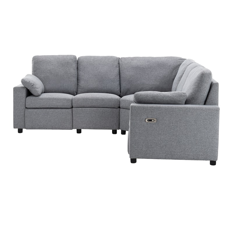 88.9" Linen Power Recliner Sectional 5-Seat Sofa with USB Ports and Storage Drawers