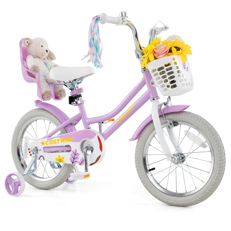 Kids Bicycle Purple Bike with Decorative Basket and Bell Training Wheels Included for Girls