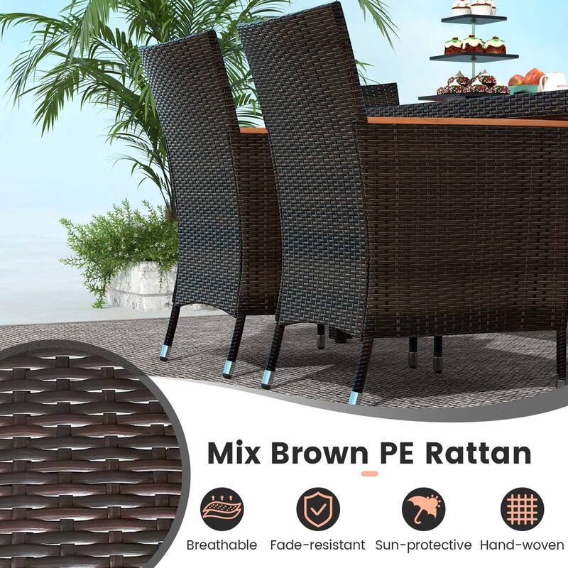 Costway 7 Pieces Outdoor Wicker Dining Set with Acacia Wood Table and - See Details