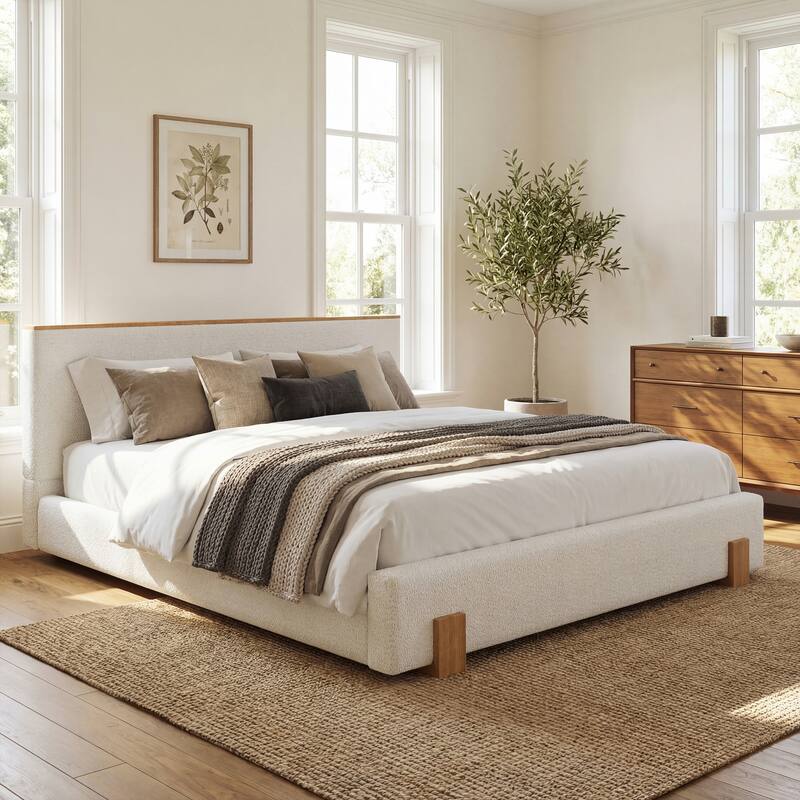 Christopher Knight Home - Verdes Modern Soft Boucle Upholstered Platform Bed with Solid Wood Legs, Trim & Padded Headboard