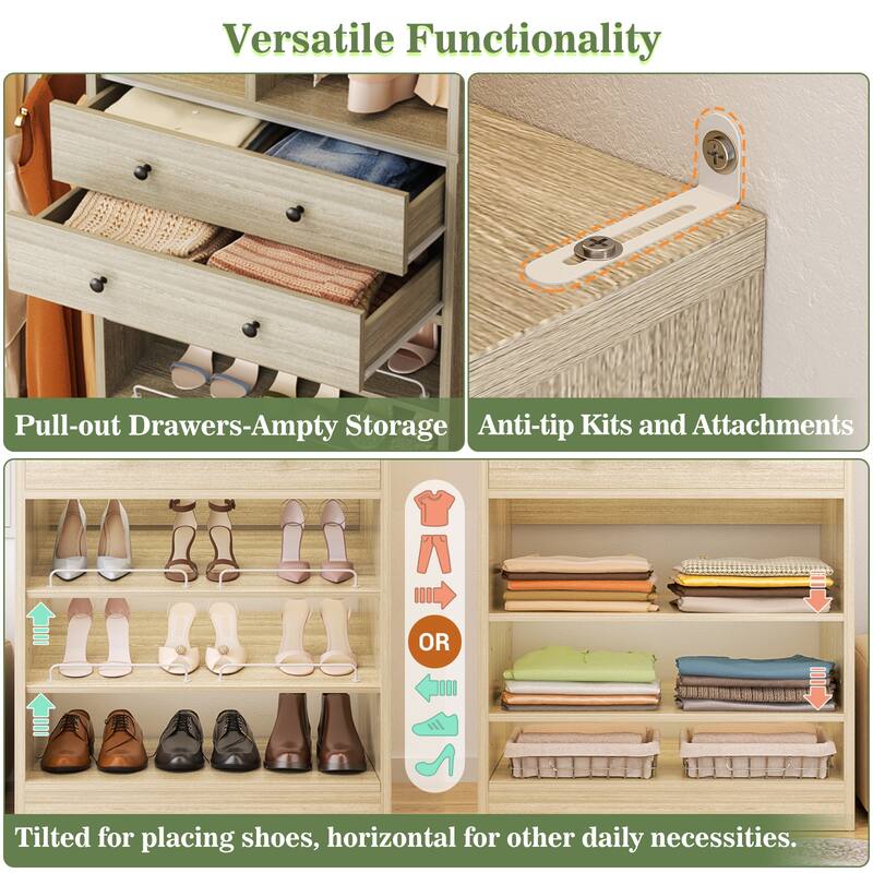Set of 2 Closet System with 6 Hanging Rods and 4 Drawers, Adjustable Closet System with Shelves and Shoe Rack