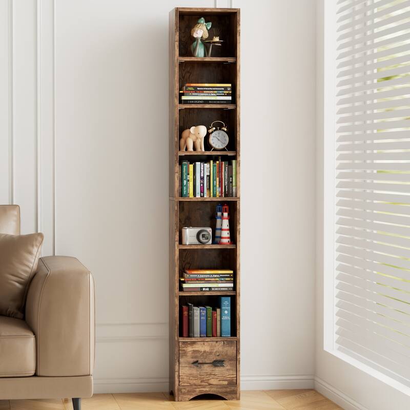 Javlergo Tall 7-Tier Adjustable Corner Bookcase with Drawer MDF Storage Shelf for Living Room Bedroom Kitchen and Entryway