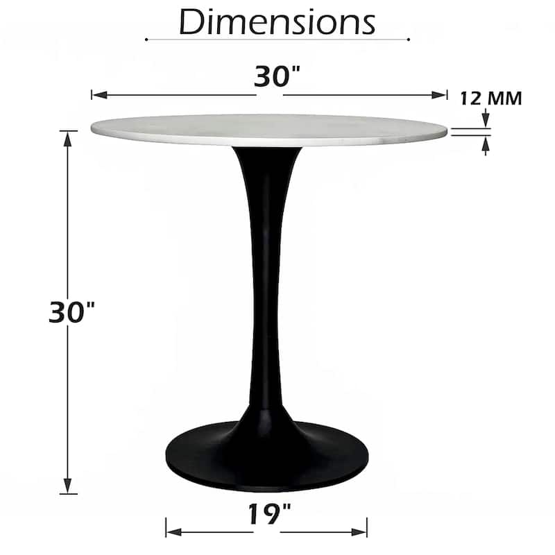 Mara Dining Table, 30 Inch Round White Genuine Marble Top, Black Metal Tulip Pedestal Base - White, Black