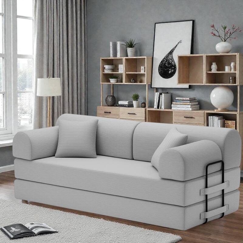 Convertible Sleeper Sofa Bed, 4-in-1 Corduroy Folding Floor Couch with Cylindrical Pillow, 2-Seat Space-Saving Lounge Sofa - Light Grey