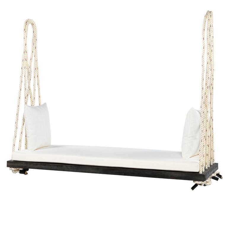 Porch Wooden Swing Chair with Hemp Ropes, Patio Hanging Swing Bench with Cushion & 2 Pillows