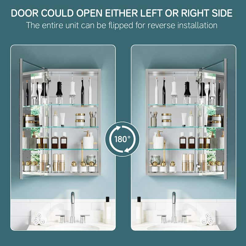 16x30" Tri-View Mirrored Medicine Cabinet with Soft-Close Blum Hinges, Reversible Door, Recessed/Surface Mount, Aluminum Body