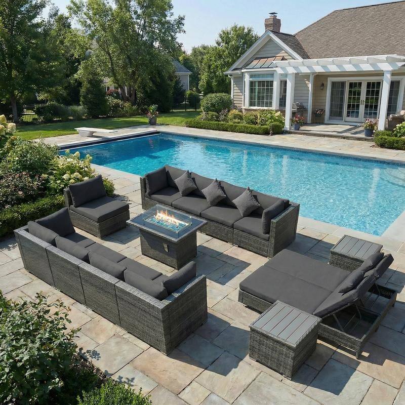 Outdoor Sectional Conversation Set PE Wicker with Double Chaise Lounge, 60,000 BTU Fire Pit Table - 12-Piece/Table - Dark Gray