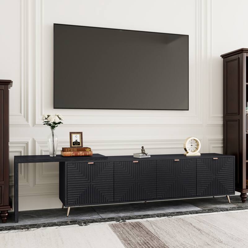 Extendable TV Stand for TVs up to 90", 4-doors TV Cabinet Living Room Entertainment Center, Black - Black