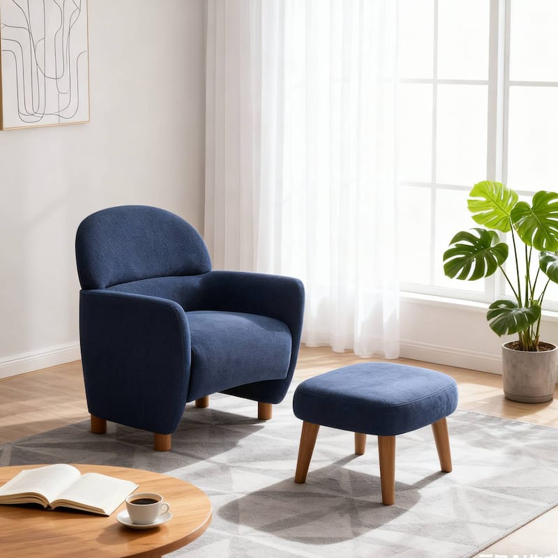 Modern Lazy Chair with Footrest Ottoman - Upholstered Leisure Sofa Chair, Reading Corner Chair for Small Space - Blue