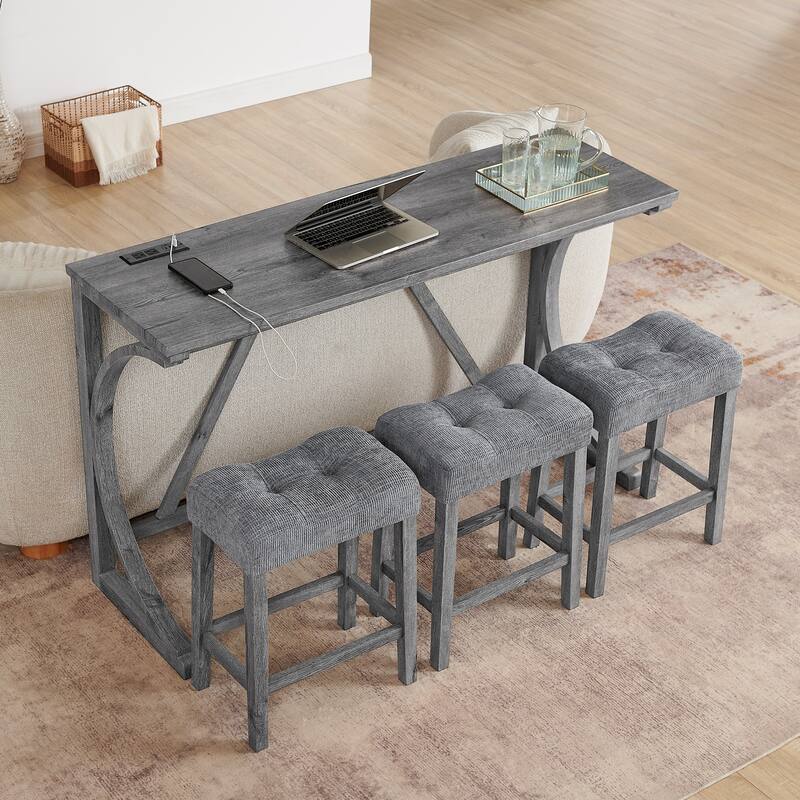 59" Bar Table Set with Power Outlet, Industrial Breakfast Table with 3 Stools, 4 Piece Counter Height Bar Table and Chair Set