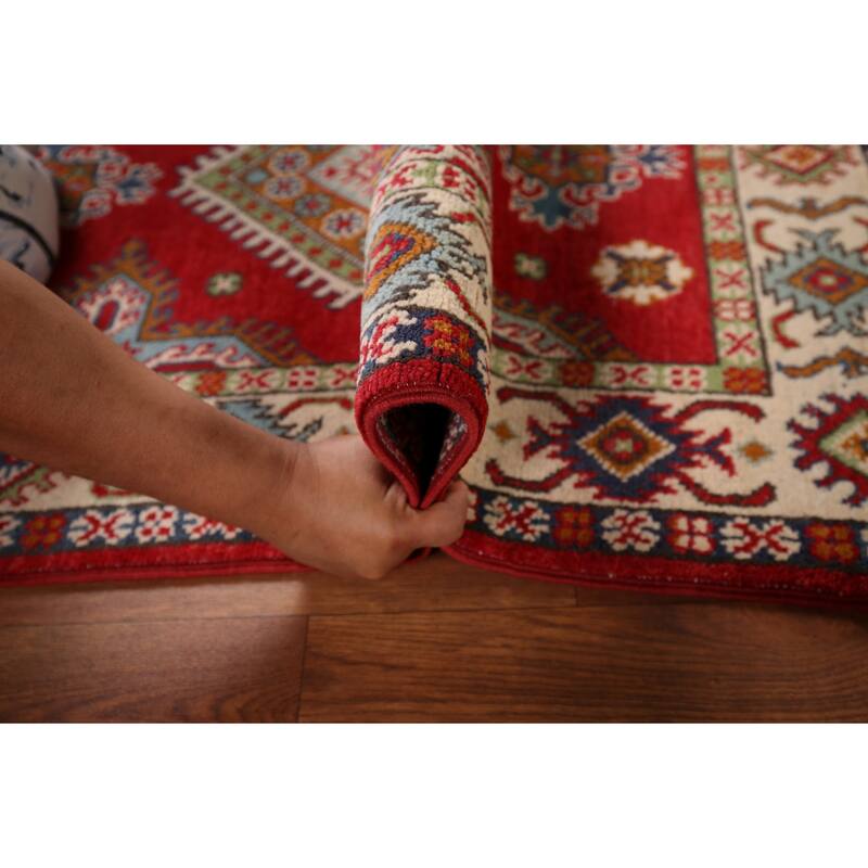 Geometric Red Kazak Accent Rug Home Decor Hand-Knotted Wool Carpet - 2'10" x 4'5"