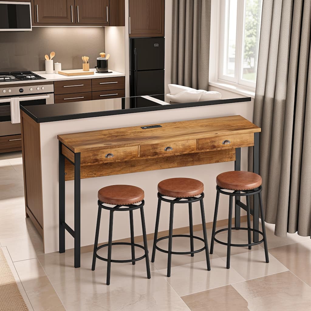 4 Piece Long Pub Table & Chairs Set with 3 Drawers and Power Outlets, Modern Wood Top Dining Table Set with PU Stools for Home