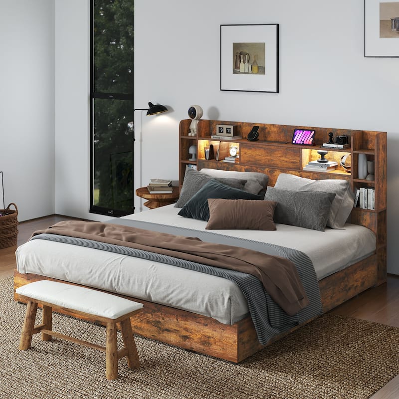 Moasis LED Bed Frame with Bookcase Headboard, 4 Storage Drawers and Type-C USB Charging Station - Brown - King