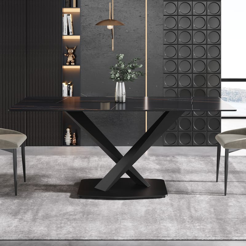 71"Marble Sintered Stone Dining Table with X-Shape Carbon Steel Pedestal