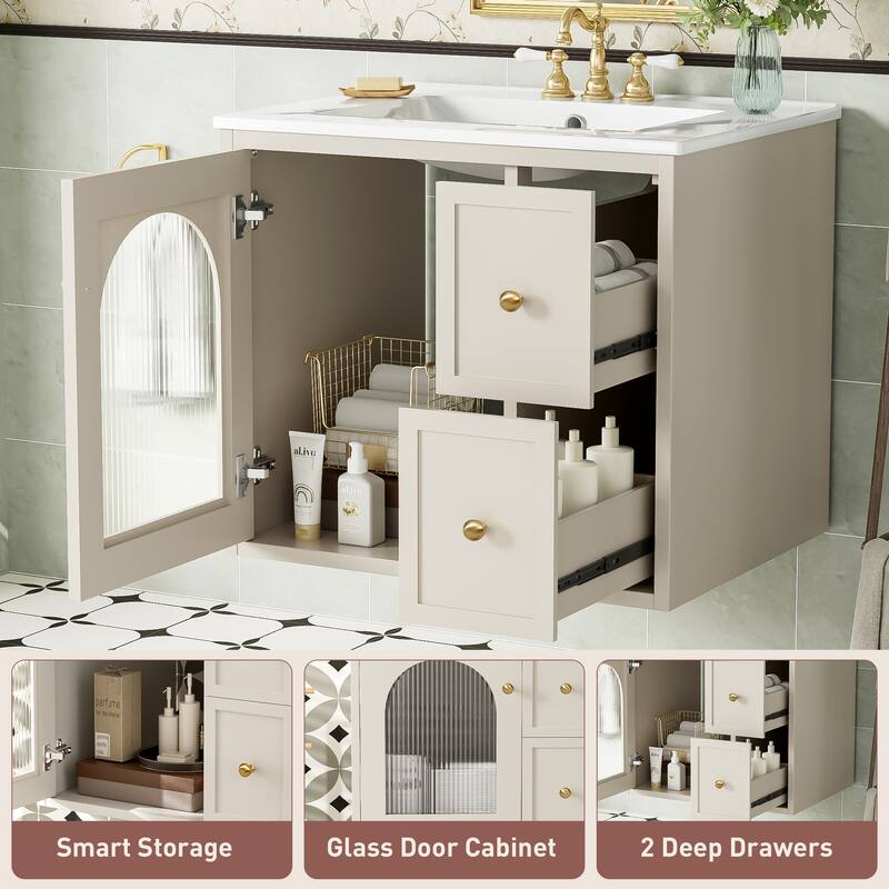 24" Wall Mounted Bathroom Vanity with Ceramic Sink, Floating Bathroom Storage Cabinet with Drawers & Glass Door - Beige - 24 Inch
