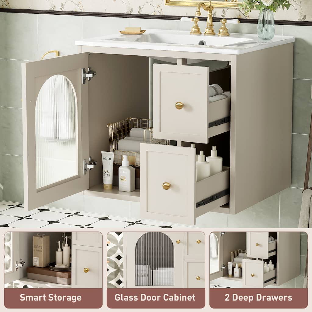 24" Wall Mounted Bathroom Vanity with Ceramic Sink, Floating Bathroom Storage Cabinet with Drawers & Glass Door