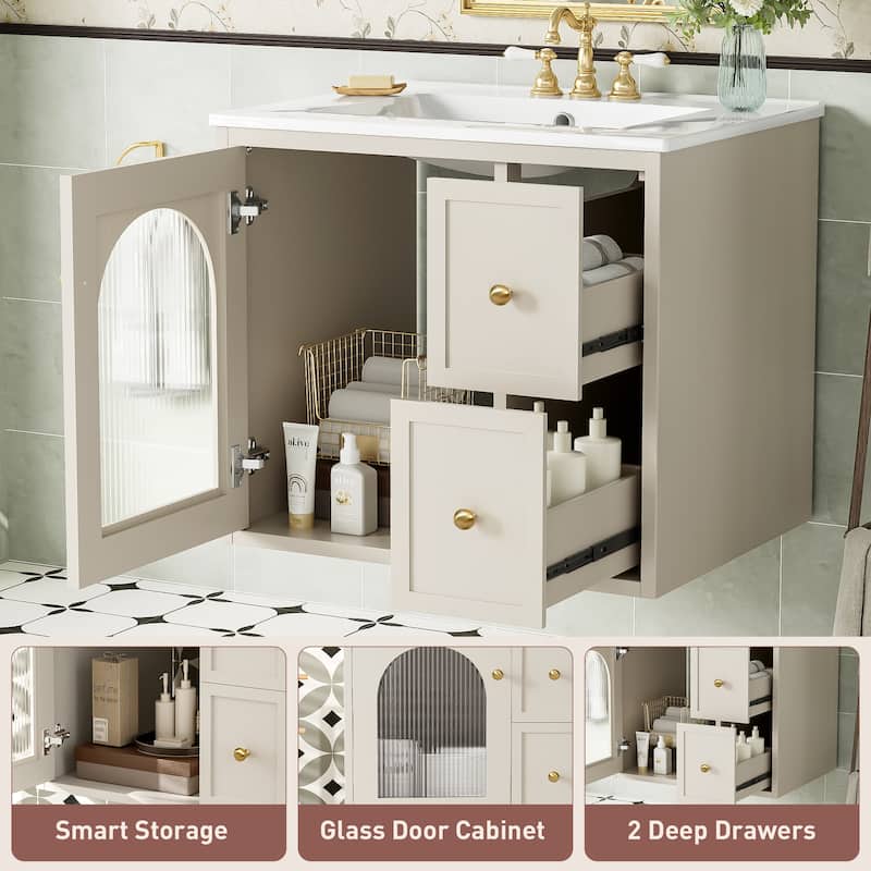 24" Wall-Mounted Bathroom Vanity with Ceramic Sink Combo, Floating Bathroom Storage Cabinet with Glass Doors & 2 Drawers