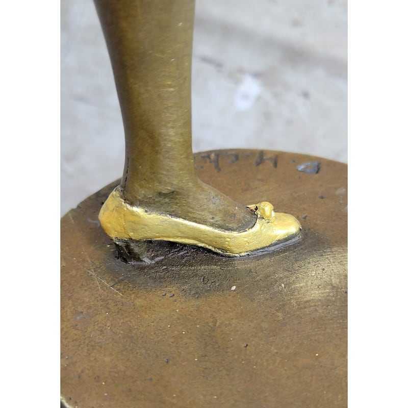 Art Deco Female Dancer Girl With Bow In Hair Gold Patina Bronze Statue Sculpture On Marble Base