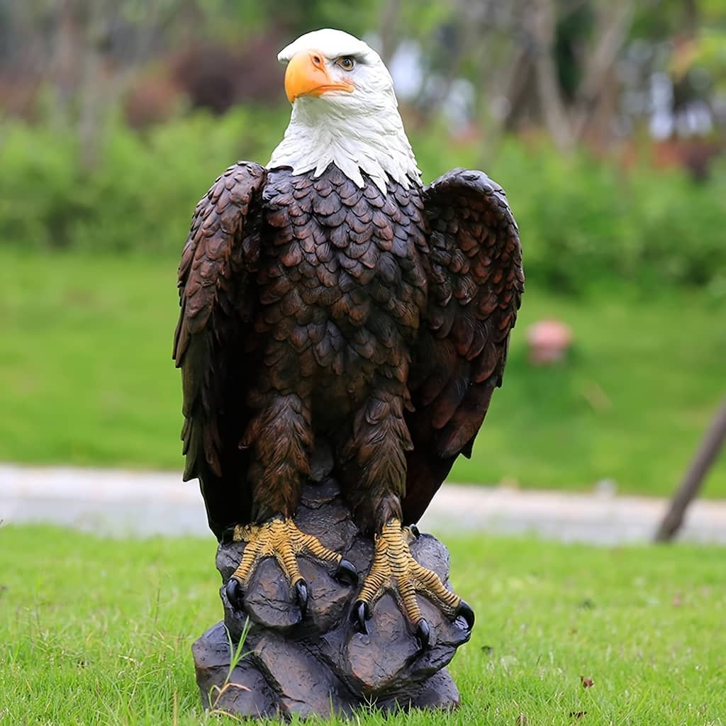 13"H x 24.4"L Large Standing Bald Eagle Garden Statue, Hand-Painted American Eagle Sculpture, Indoor & Outdoor Courtyard Decor