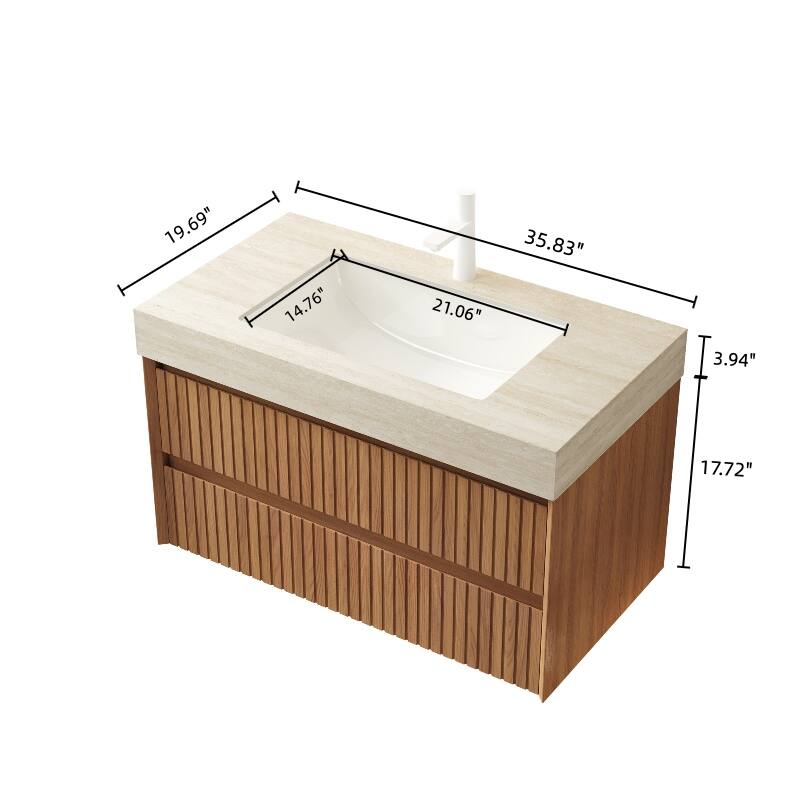 GDFStudio - Tilley Modern Floating Bathroom Vanity with Striped Wood Drawer Fronts & Ceramic Undermount Basin